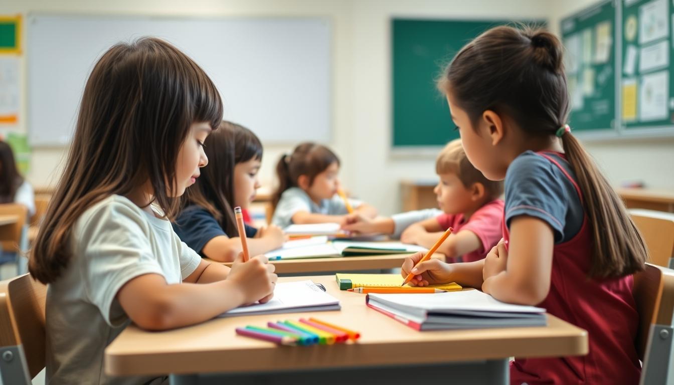 Students studying together in modern classroom